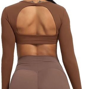 Aoxjox Long Sleeve Clarissa Backless Crop Top - Brown, Medium